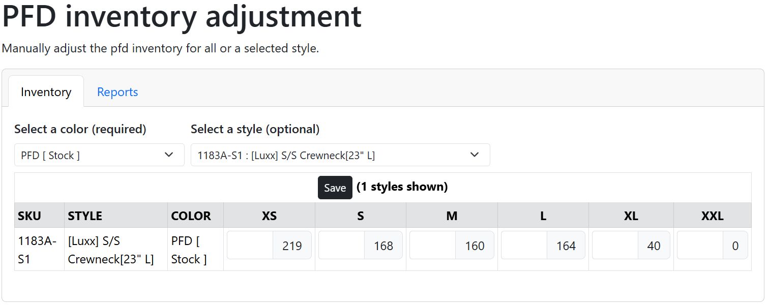 Pfd Inventory Adjustments with style selected